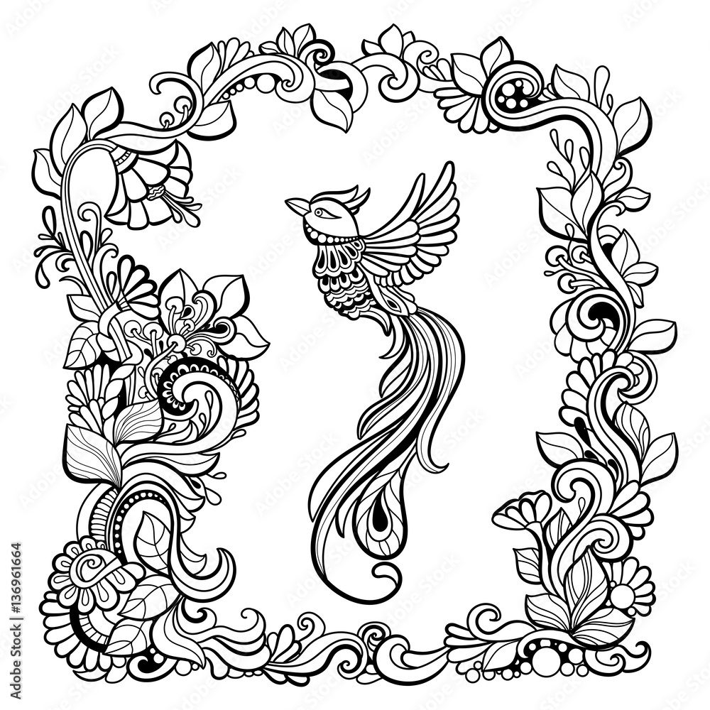 Bird in fantasy garden. Black and white pattern in a zentangle style. Hand-drawn illustration.Coloring book for adult and older children. Bird in fantasy garden. Black and white pattern in a zentangle style. Hand-drawn illustration.Coloring book for adult and older children.