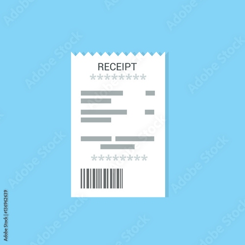 Receipt icon in a flat style isolated on a colored background. Invoice sign. Bill atm template or restaurant paper financial check. Concept Paper receipts icons.