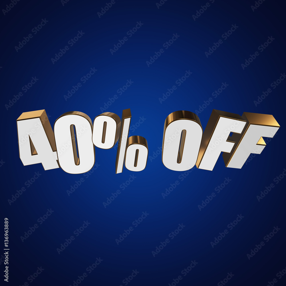 40 percent off letters on blue background. 3d render isolated. Stock