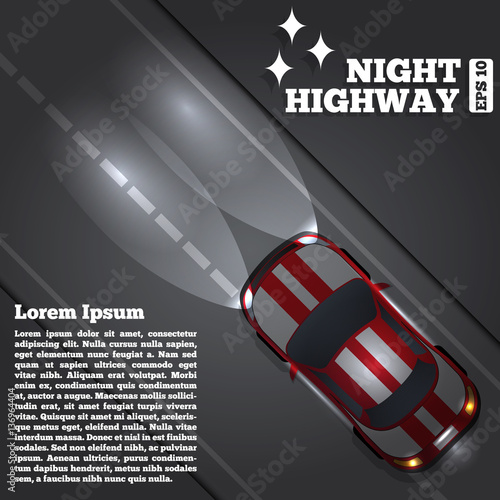 A car on night road. Vector illustration.
