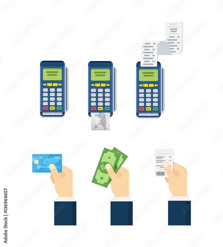 Credit card processing, hand holding debit credit card, cash and receipt. Set of payment options vector elements in flat style. Credit card processing, hand holding debit credit card, cash and receipt. Set of payment options vector elements in flat style.