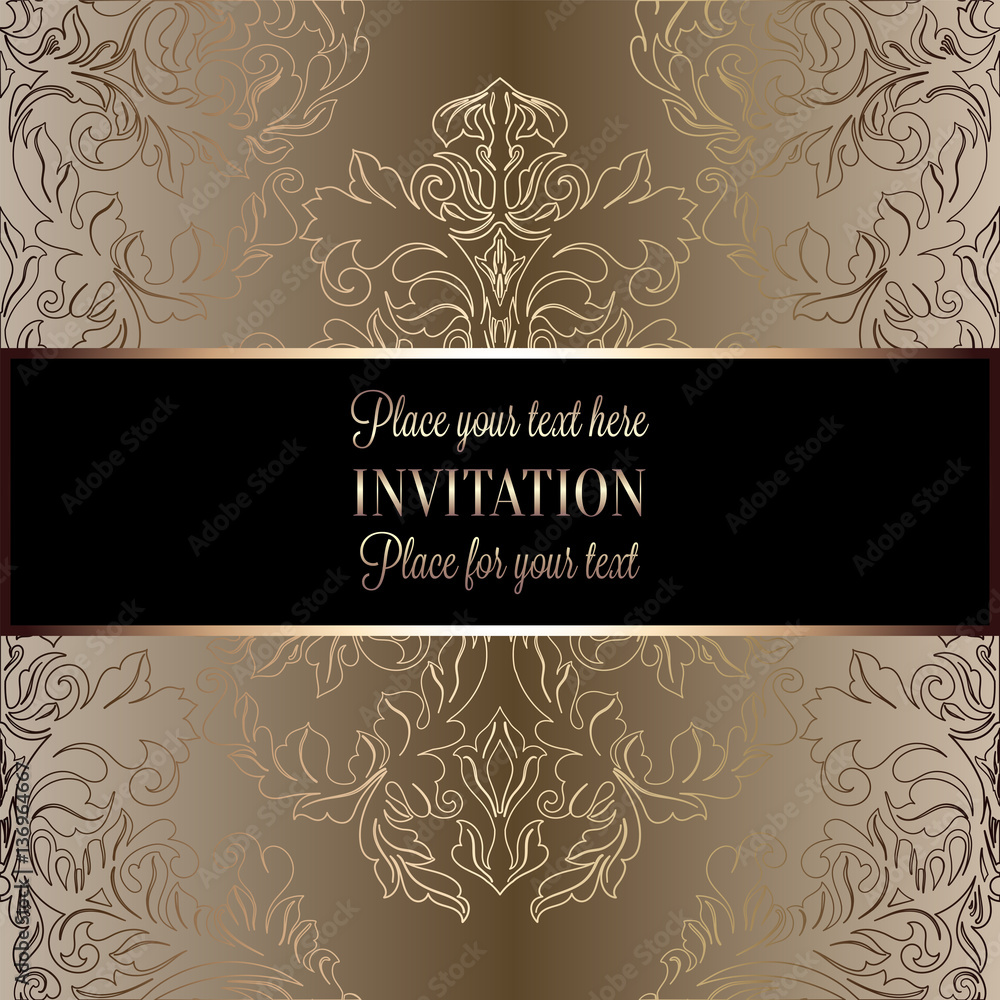 Baroque background with antique, luxury beige, brown, black and gold vintage frame, victorian banner, damask floral wallpaper ornaments, invitation card, baroque style booklet, fashion pattern