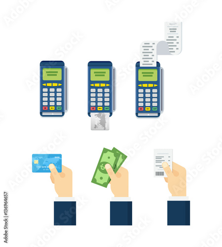 Credit card processing, hand holding debit credit card, cash and receipt. Set of payment options vector elements in flat style.