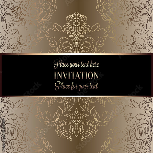 Baroque background with antique, luxury beige, brown, black and gold vintage frame, victorian banner, damask floral wallpaper ornaments, invitation card, baroque style booklet, fashion pattern