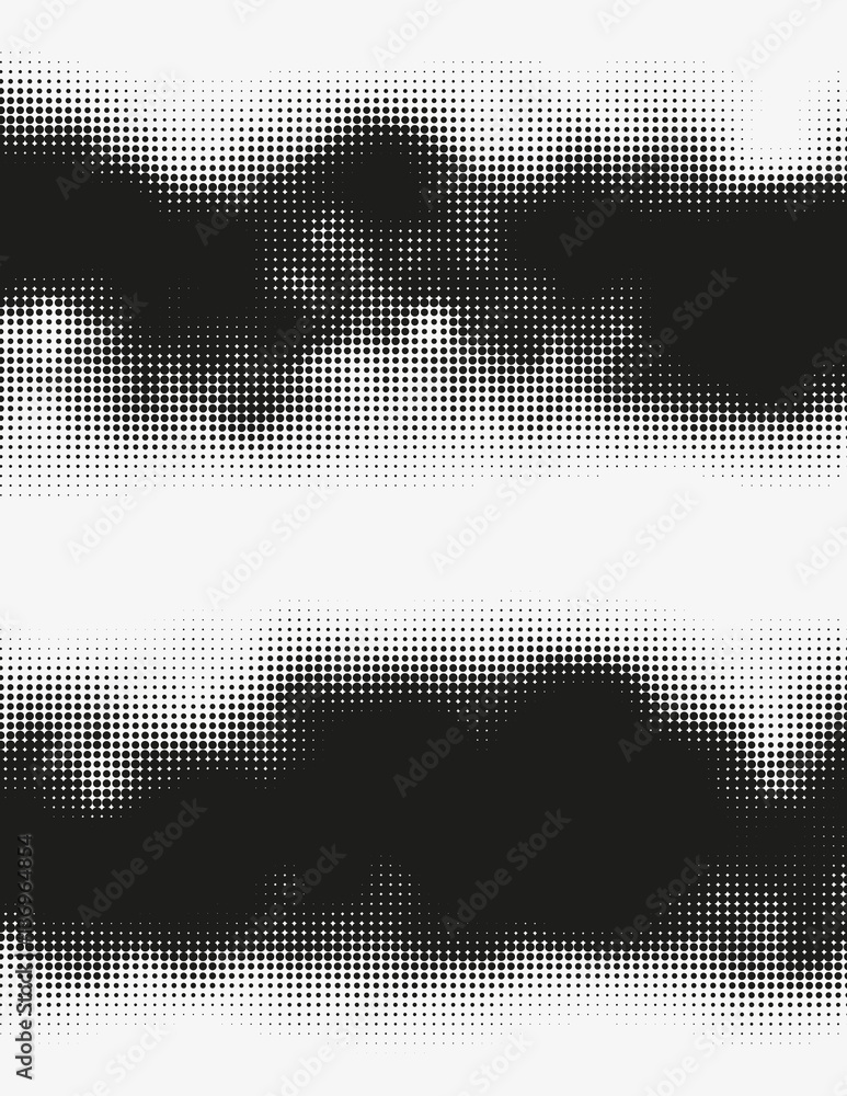 Fototapeta premium Dark vector halftone wavy shapes. Modern trendy generative illustration. Rough monochrome splash of round particles. Background artwork made of splattered dots. Elements of design.