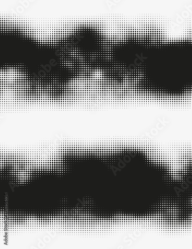 Dark vector halftone wavy shapes. Modern trendy generative illustration. Rough monochrome splash of round particles. Background artwork made of splattered dots. Elements of design.