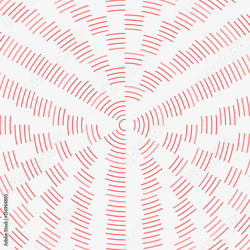 Colorful bright background illustration. Array of repetitive outline arcs. Concentric linear geometric composition. Asymmetric curved stripes of different color, radius and weight. Element of design.
