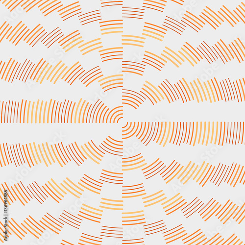Colorful bright background illustration. Array of repetitive outline arcs. Concentric linear geometric composition. Asymmetric curved stripes of different color, radius and weight. Element of design.