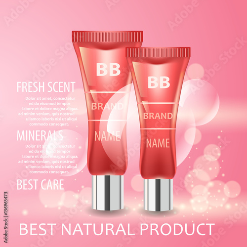 Vector realistic cosmetic bottles with natural elements.