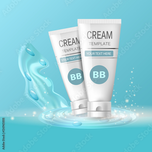 Vector realistic cosmetic bottles with natural elements.