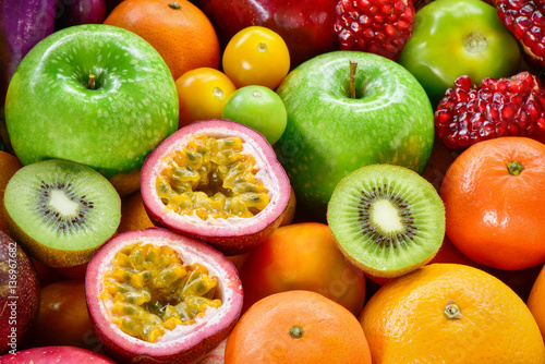 Closeup group of ripe fruits juice arrangement