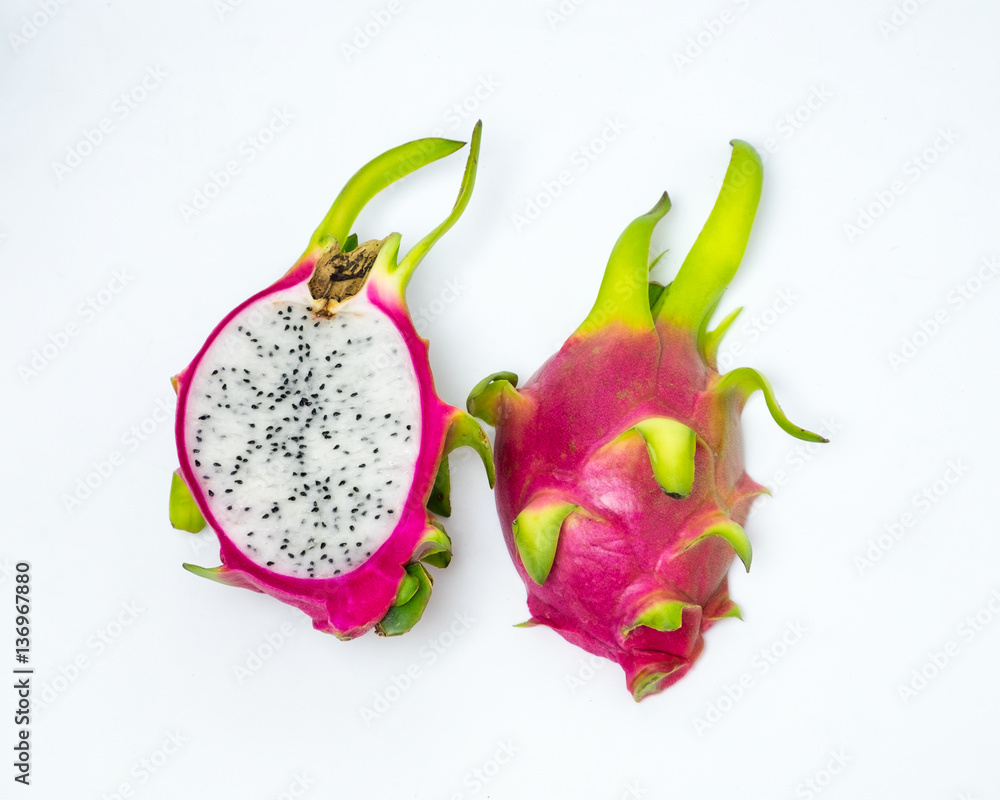 Dragon fruit pink peel green stalk slice on white background Dragon fruit pink peel green stalk slice on white background