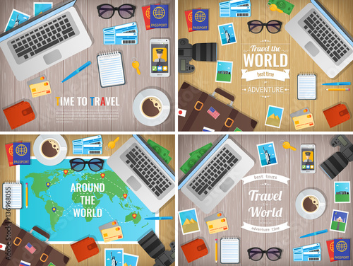 Traveller items on a wooden desk. Travel and Tourism. Vector