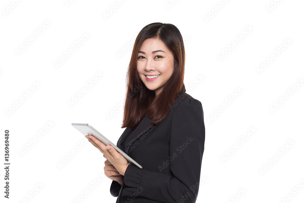 Business woman with smiling face holding tablet isolated on white background, young asian girl Business woman with smiling face holding tablet isolated on white background, young asian girl