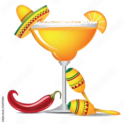 Margarita with sombrero, jalapeño, and maracas EPS 10 vector, grouped for easy editing. No open shapes or paths.