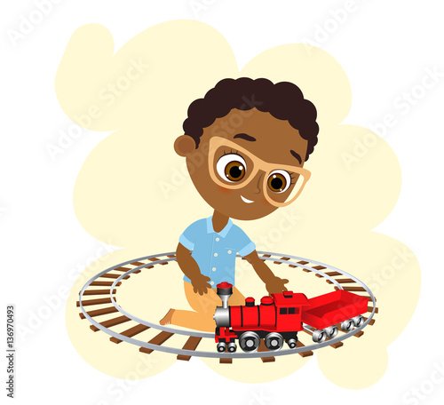African American boy with glasses and toy train. Boy playing with train. Vector illustration eps 10 isolated on white background. Flat cartoon style.