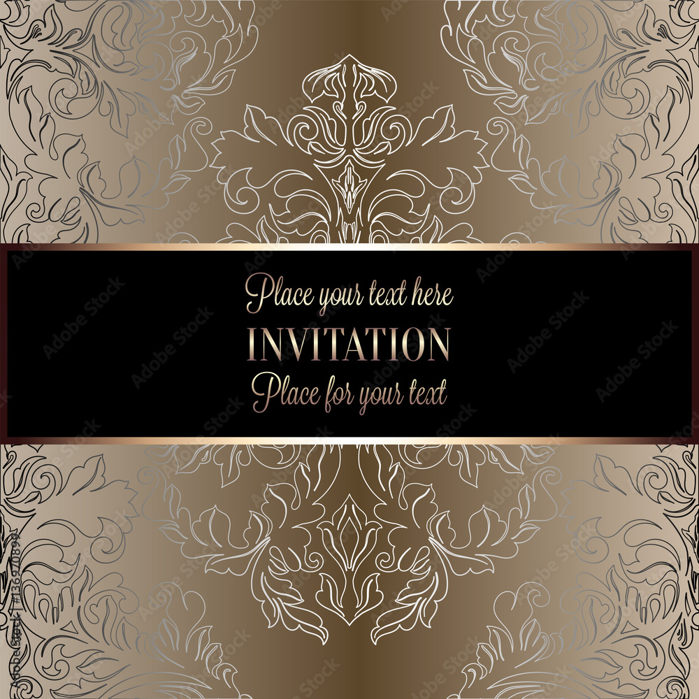 Baroque background with antique, luxury beige, brown, black and gold vintage frame, victorian banner, damask floral wallpaper ornaments, invitation card, baroque style booklet, fashion pattern