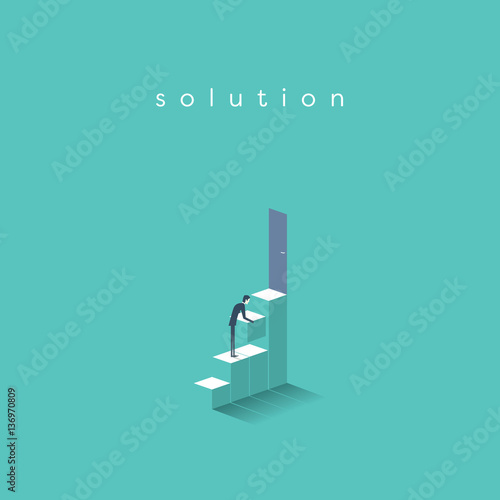 Businessman building steps to door. Symbol of business solution, career, opportunities.