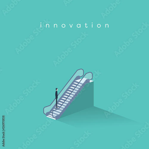 Businessman on an escalator moving up. Symbol of business innovation, technology progress and creativity.