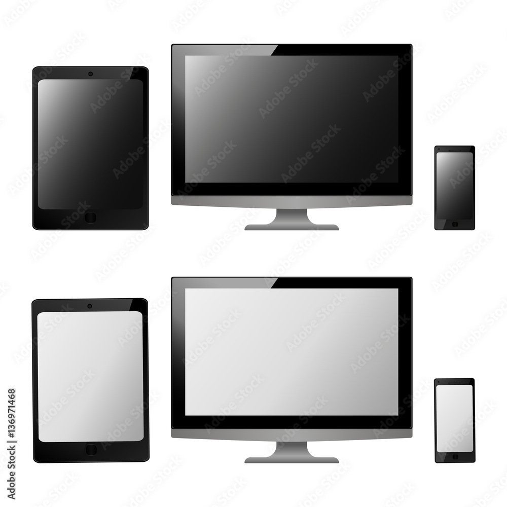 Set of realistic electronic technology devices with empty black and white screen. Laptop, monitor, tablet, mobile phone, smartphone modern digital gadgets isolated on white background, mockup template Set of realistic electronic technology devices with empty black and white screen. Laptop, monitor, tablet, mobile phone, smartphone modern digital gadgets isolated on white background, mockup template