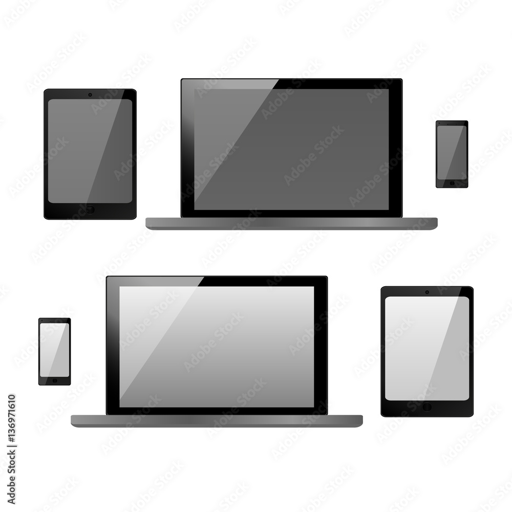Set of realistic electronic technology devices with empty black and white screen. Laptop, tablet, mobile phone, smartphone modern digital gadgets isolated on white background, mockup template Set of realistic electronic technology devices with empty black and white screen. Laptop, tablet, mobile phone, smartphone modern digital gadgets isolated on white background, mockup template