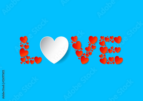Love letters flat lay with red vector paper hearts on blue background. Love and Valentine's Day concept.