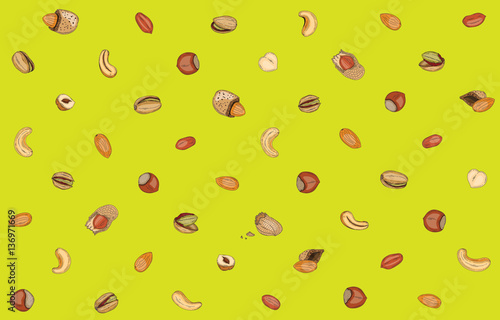 This vector illustation texture backgrount any kind of nuts include filbert, hazelnut, walnut, peanut, goober, ground nut, peavine, pindar, almond, cashew, pistachio