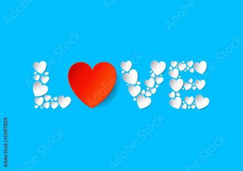 Love letters flat lay with white and red vector paper hearts on blue background