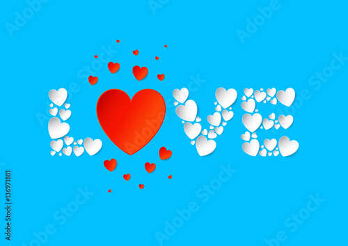 Love letters flat lay with white and red vector paper hearts on blue background