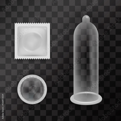 Vector realistic collection of latex condom on the transparent background. Concept of contraceptive method and sexual protection.