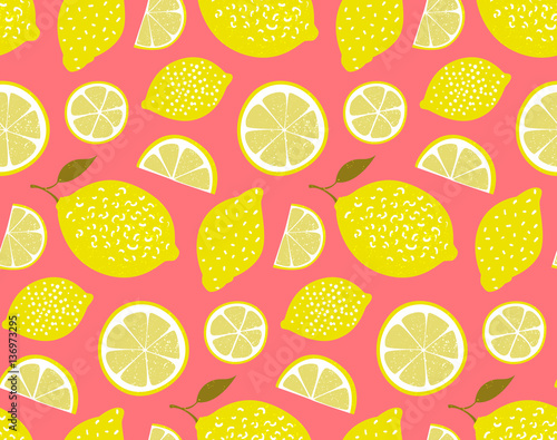 Yellow lemons on pink background. Seamless pattern  vector texture
