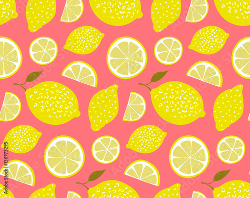 Yellow lemons on pink background. Seamless pattern, vector texture