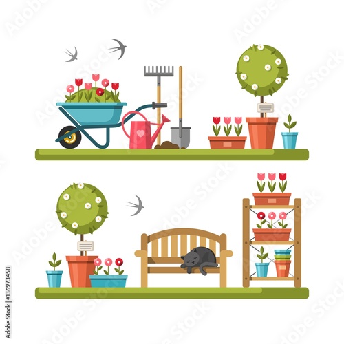Concept of gardening. Garden tools. Vector illustration.