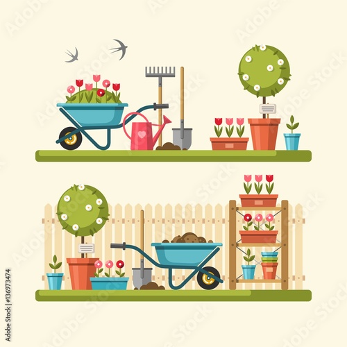 Concept of gardening. Garden tools. Vector illustration.