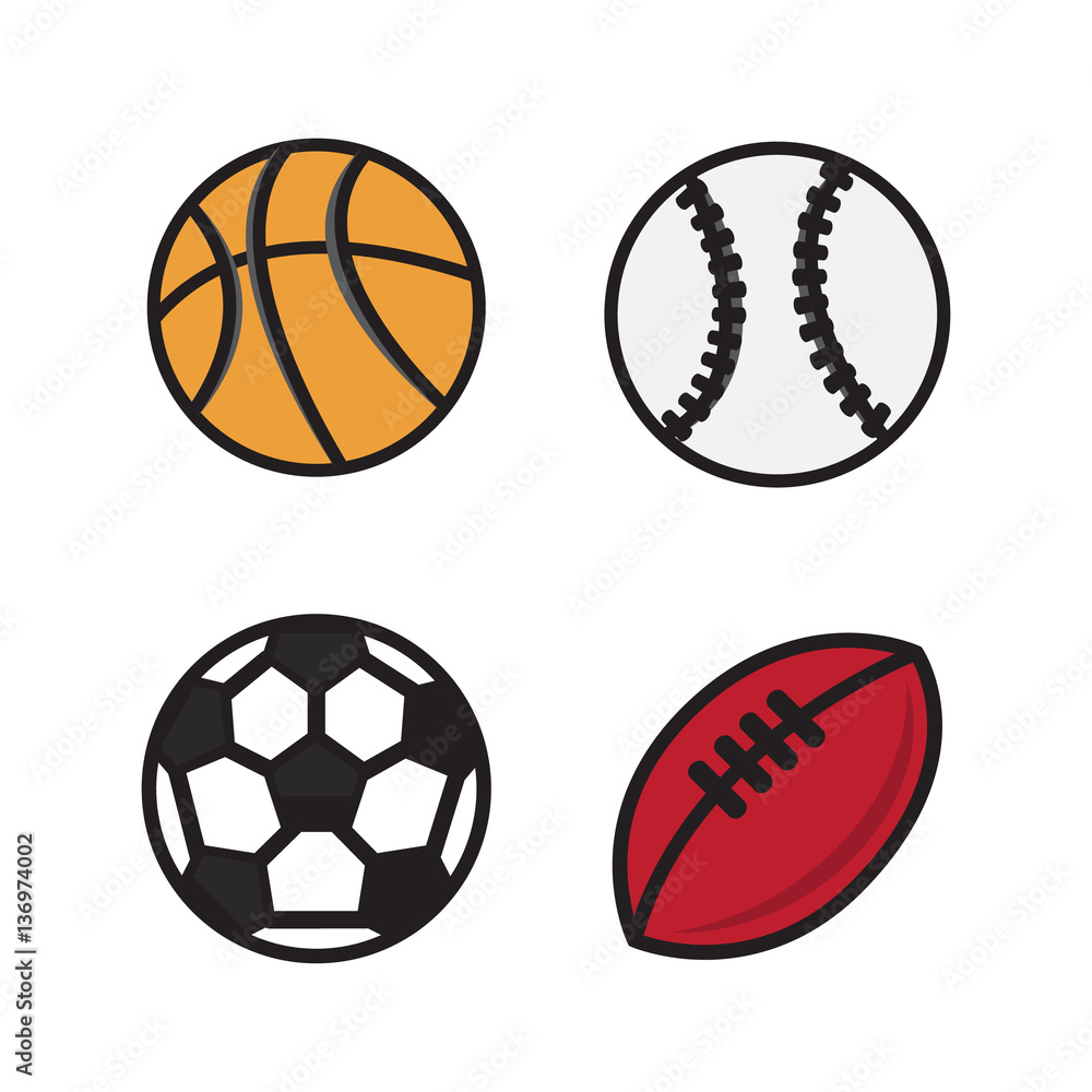 Sports balls. Vector cartoon ball set for soccer, rugby. Basketb Sports balls. Vector cartoon ball set for soccer, rugby. Basketb