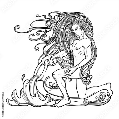 Zodiac sign Aquarius. Young man with long hair holding large amphora. Water flowing out. Frame of roses. Vintage art nouveau style concept art for horoscope, tattoo or colouring book.