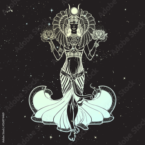 Fototapet Egyptian goddess Isis balancing in hands black and white lotus as a symbol of life and death