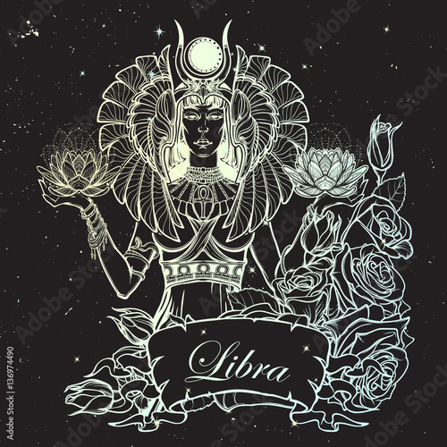 Zodiac sign Libra. Egyptian goddess Isis balancing in hands black and white lotus as a symbol of equilibrium. Vintage art nouveau style concept art for horoscope or birthday card. Night sky background