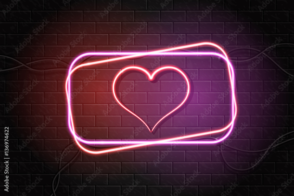 Vector neon heart-shaped sign for decoration on the wall background. Concept of Happy Valentine's Day.