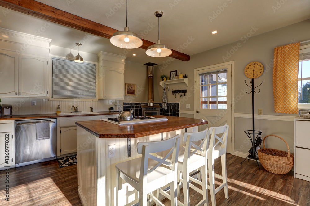 Newly renovated Kitchen boasts wood beams on ceiling Newly renovated Kitchen boasts wood beams on ceiling