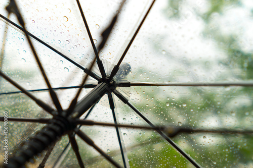transparent umbrella under the rain with raindrops