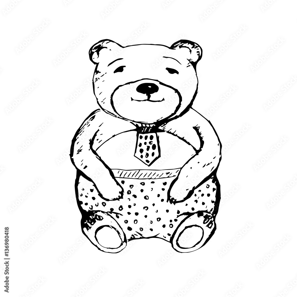 Obraz premium Teddy bear with tie. Hand drawn vector illustration.