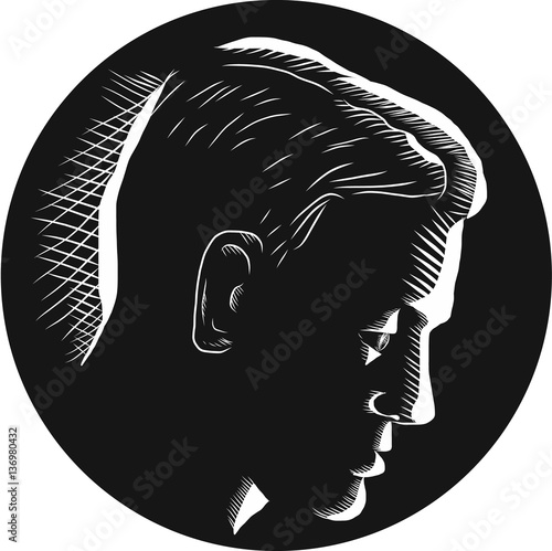 Pensive Man in Deep Thought Circle Woodcut