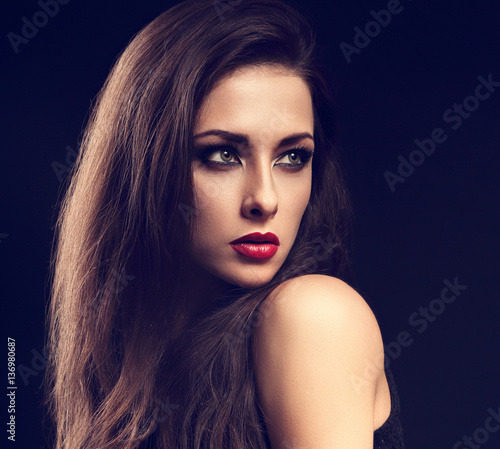 Beautiful makeup expressive female model profile with red lipsti