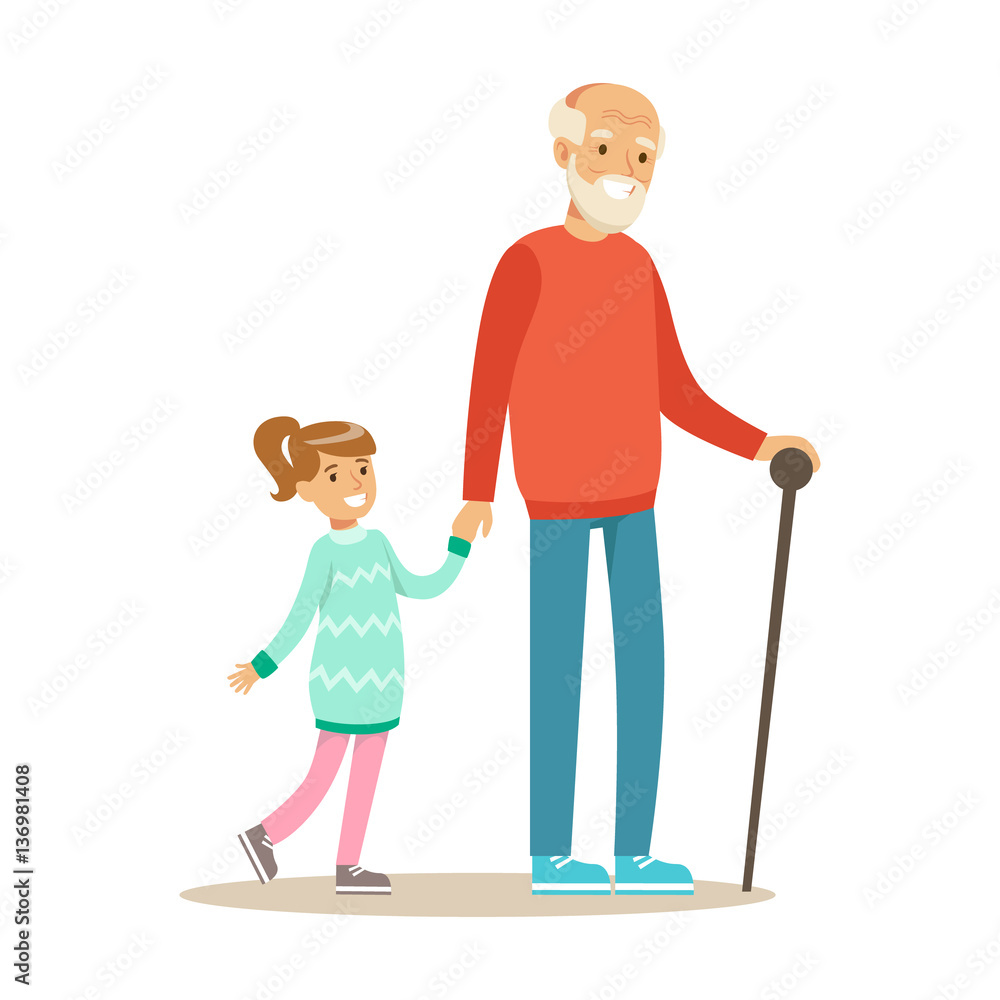 Grandfather And Girl Walking Holding Hands, Part Of Grandparents Having Fun With Grandchildren Series Grandfather And Girl Walking Holding Hands, Part Of Grandparents Having Fun With Grandchildren Series