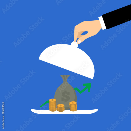 Business life hand opens serve cloche with money concept