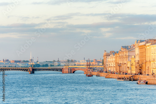 Palace embankment of Neva river and Trinity bridge in downtown Saint Petersburg 
