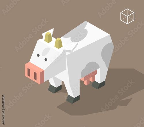 Set of Isolated Isometric Minimal City Elements . Cow with Shadows on Dark Background