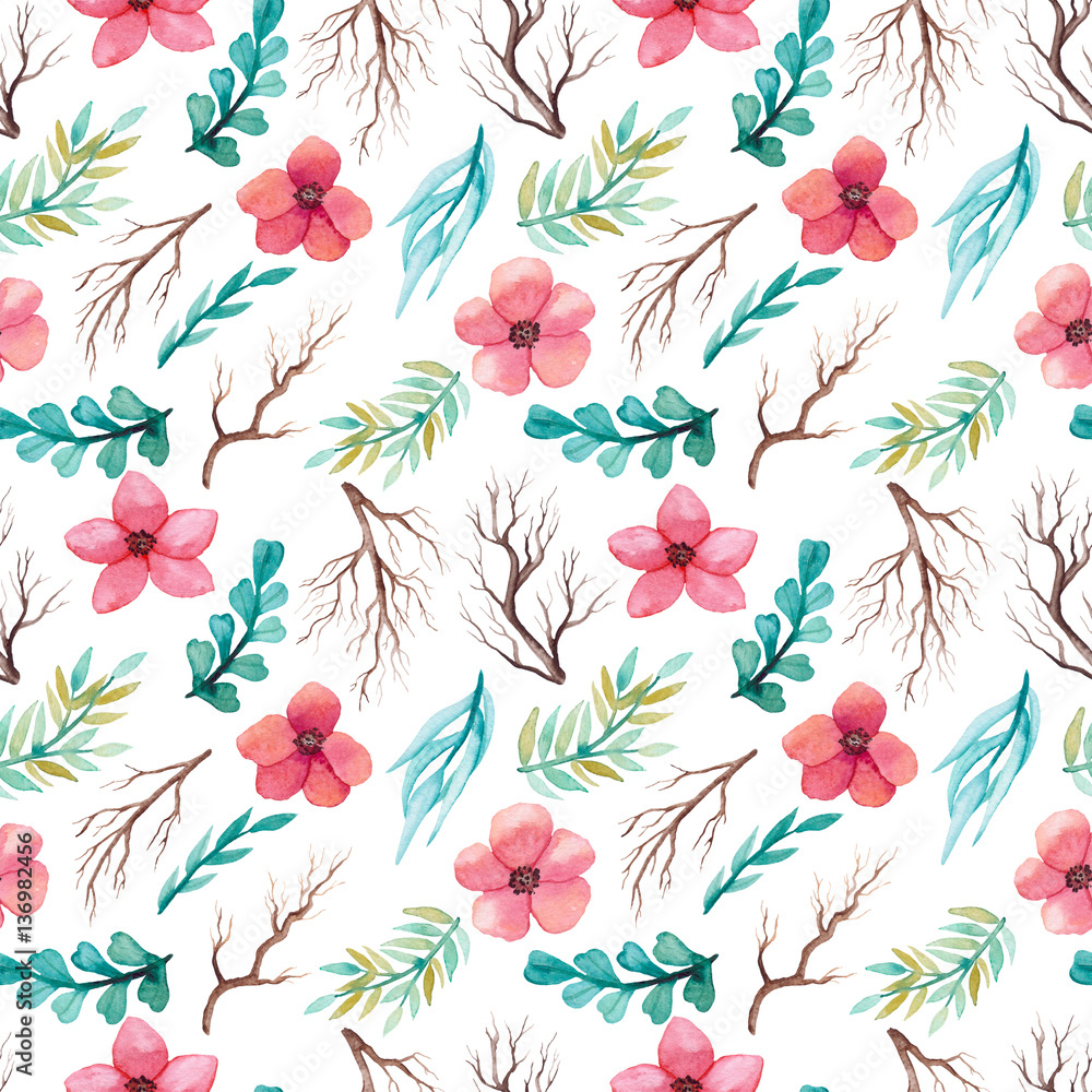 Watercolor Branches, Leaves And Pink Flowers Seamless Texture Watercolor Branches, Leaves And Pink Flowers Seamless Texture