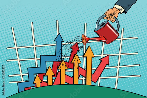 businessman watered arrow growth chart from a watering can